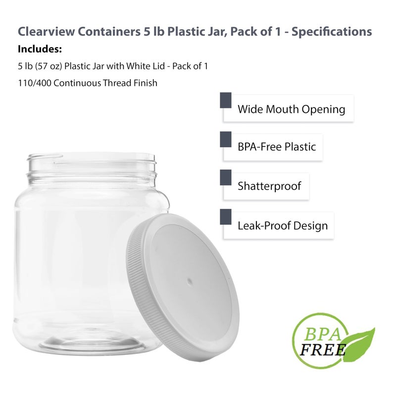 CLEARVIEW CONTAINERS - 5lb, 57 Ounce Plastic Jar with 110/400 Leak Proof Seal Lid - Food Grade and BPA Free (57oz, 1pk) - Image 3